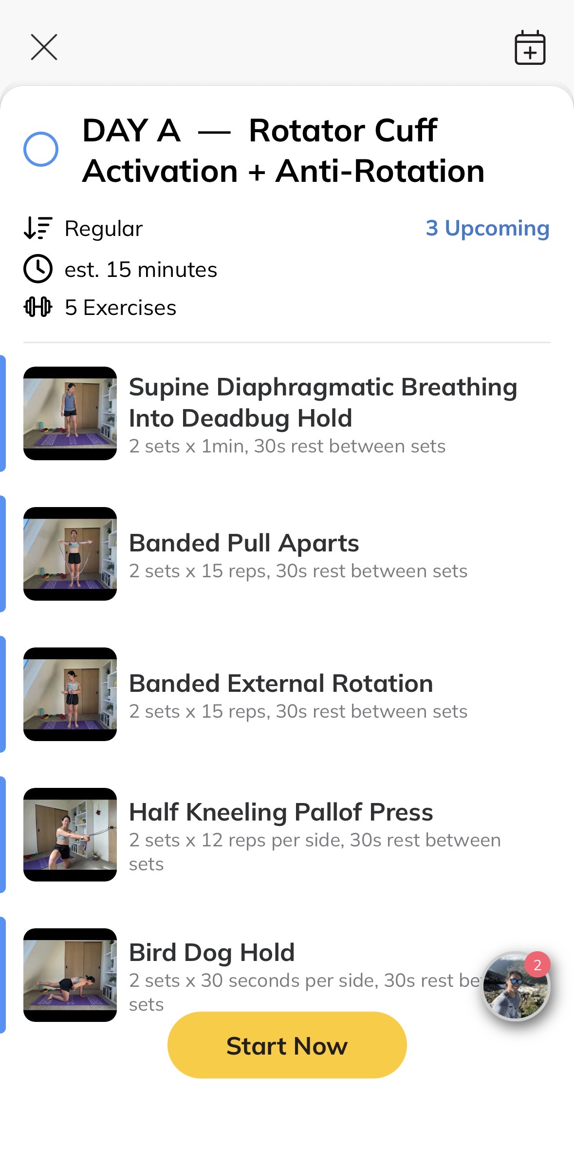 The Stable Shoulders Program in the app, showing Day A exercises with demo videos, sets, and reps